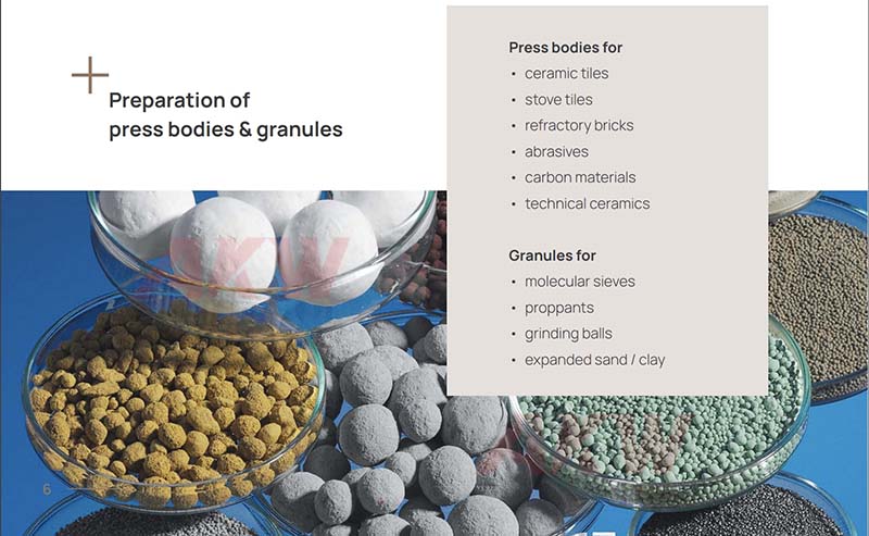 Press bodies for  • ceramic tiles • stove tiles • refractory bricks • abrasives • carbon materials • technical ceramics  Granules for  • molecular sieves • proppants • grinding balls • expanded sand / clay